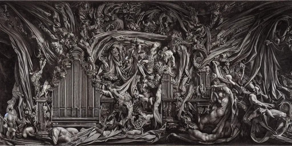 Image similar to wide angle view, pipe organ intricately carved from dark smoke, high detail baroque oil painting, alan lee, caravaggio, michelangelo