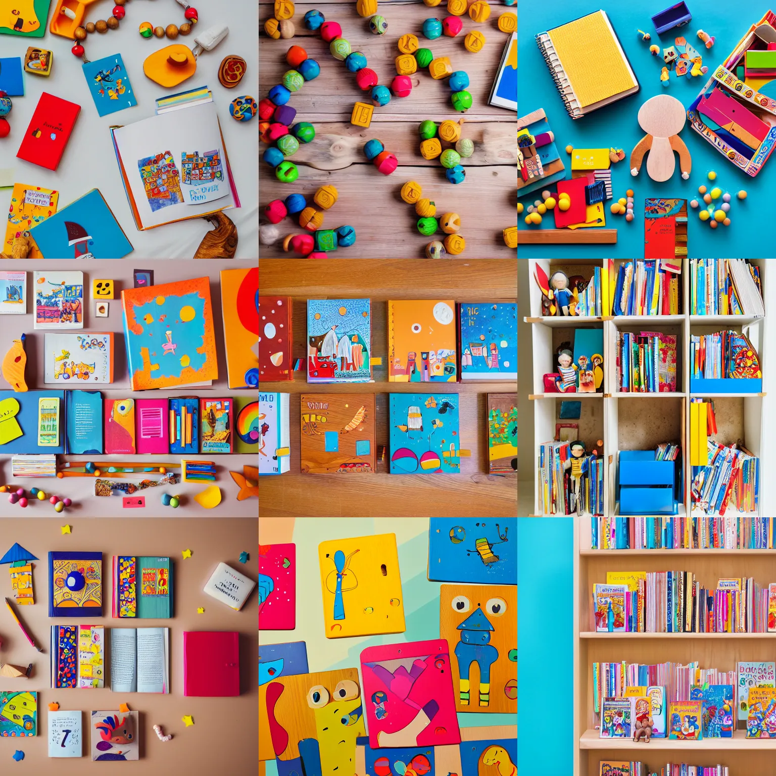 Prompt: flatlay children's book collection, vivid colors, dramatic lighting, minimalist and clean, scattered wooden beads