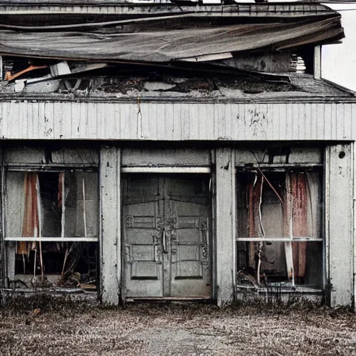 Image similar to an abandoned store's exterior in the middle of nowhere, by helen levitt, ultra detailed, rainy, beautiful