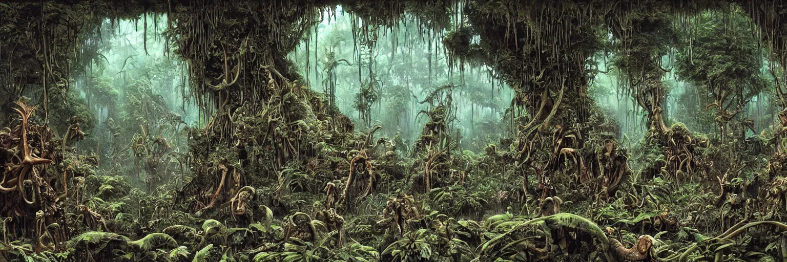 Image similar to underground cave on an exotic alien planet with a jungle canopy of antler trees in the background, leafy overgrowth, insectile weeds, demon faces, skulls, by ian miller, rodney matthews and al feldstein, photorealistic render