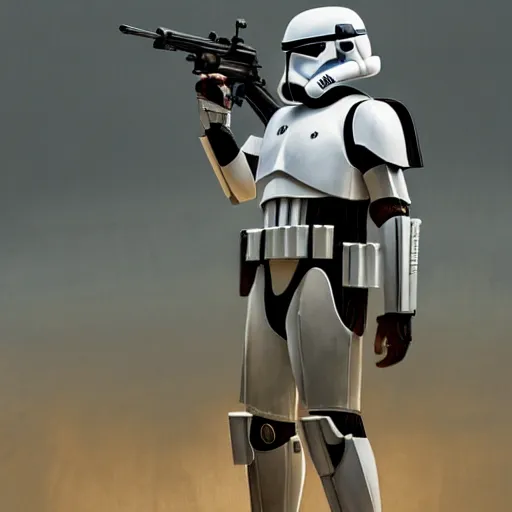 Image similar to a long shot of an imperial stormtrooper in battle position ready to shoot his blaster concept art by Doug Chiang cinematic, realistic painting, high definition, very detailed, extremely high detail, photo realistic, concept art, the Mandalorian concept art style