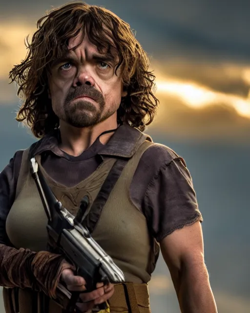 Image similar to peter dinklage as lara croft, golden hour, cinematic