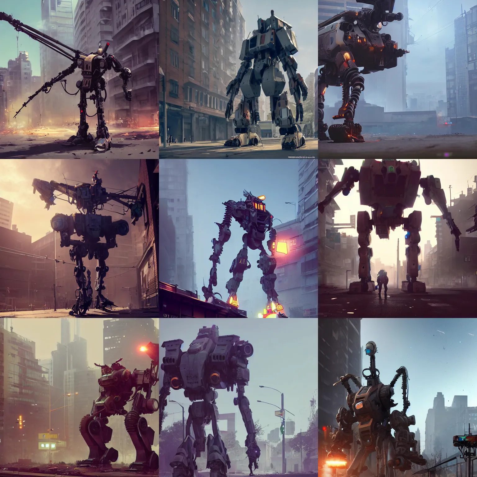 Prompt: six feet tall mech fighting in an urban environment, by ismail inceoglu, octane render, by weta digital, cinematic lighting, bump mapped, lumen reflections, action scene screenshot, epic scale