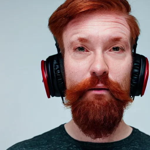 Prompt: middle aged streamer on twitch, stubble beard, ginger, stubbles, red headphones, in the style of tatsuro kiuchi