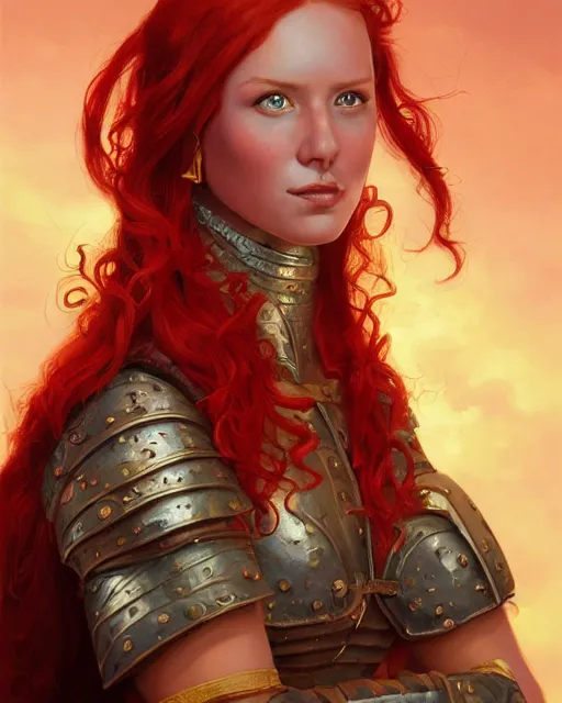 Prompt: portrait of a beautiful young women with red hair and freckles, slight smile, renaissance colorful dress, leather armor, music instrument in hand, backlit, digital painting by Michael Whelan and and boris vallejo, dnd illustration, trending on Artstation, sfw