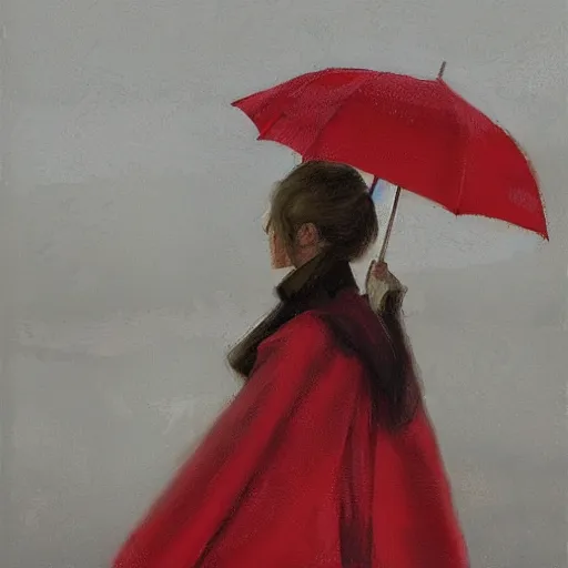 Image similar to woman with red coat and cyan umbrella, jon foster