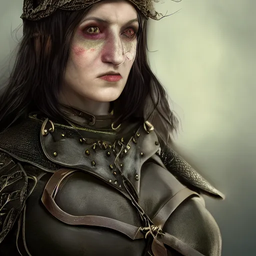 Image similar to anya charlota as a medieval fantasy tolkien elf, dark purplish hair tucked behind ears, wearing leather with a fur lined collar, wide, muscular build, scar across the nose, one black, scaled arm, cinematic, character art, digital art, realistic. 8 k, detailed.