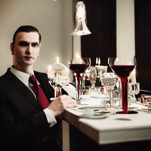 Prompt: a tall, pale man dressed in black and red formal clothing, with long black hair and a clean shaven face. the man is holding a glass of red wine and sitting at an ornate dinner table. cinematic shot, candlelit, dark, photo.