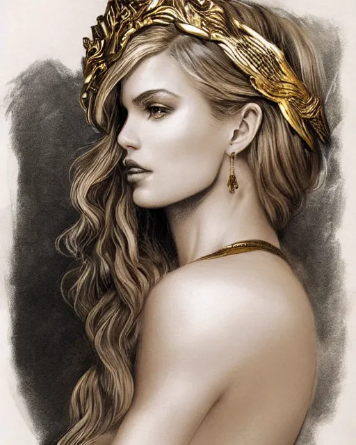 Image similar to tattoo sketch of beautiful super model aphrodite greek goddess wearing a gold laurel wreath and triangle earrings,, beautiful piercing gaze with sharp pupils, beautiful blonde hair, in the style of greg rutkowski, fantasy, amazing detail, epic, elegant, smooth, sharp focus, front view