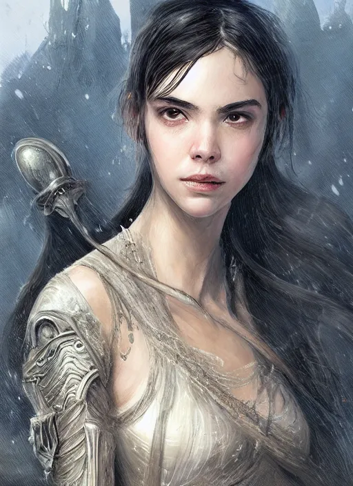 Image similar to a professional portrait of a beautiful young female, clothed in ethereal battle armor, olive skin, long dark hair, beautiful bone structure, symmetrical facial features, intricate, elegant, digital painting, concept art, smooth, sharp focus, finely detailed, illustration, from Valerian and the City of a Thousand Planets, in the style of Ruan Jia and Mandy Jurgens and Artgerm and Greg Rutkowski and William-Adolphe Bouguerea