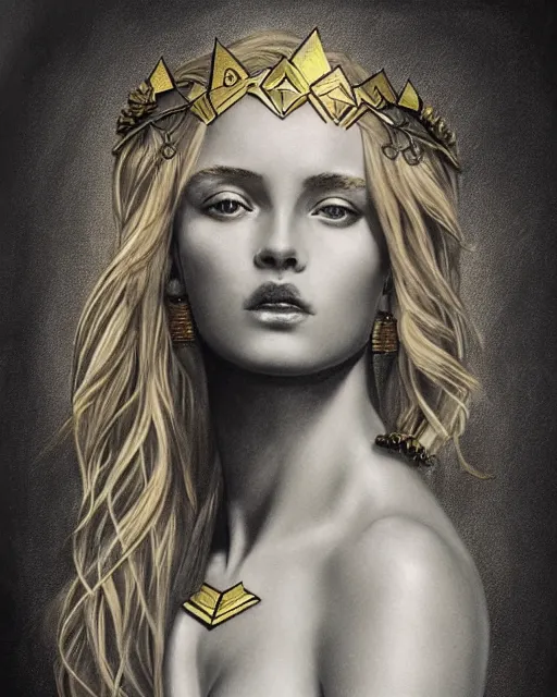 Image similar to tattoo design sketch of cute beautiful blonde super model as aphrodite greek goddess wearing a gold laurel wreath and triangle earrings, beautiful piercing gaze with sharp pupils, in the style of greg rutkowski, fantasy, amazing detail, epic, elegant, smooth, sharp focus, front view