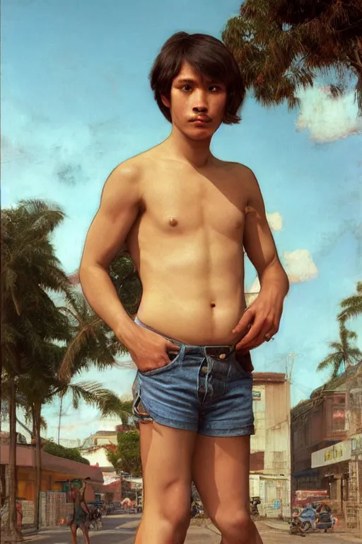 Image similar to Full-length portrait of a handsome!! young pregnant male on the streets of Saigon, wearing shorts and a sleeveless shirt, historically reliable photo chronicle, 1975, ultra detailed digital art, octane render, 4K, by John William Waterhouse and Edwin Longsden Long and Theodore Ralli and Nasreddine Dinet