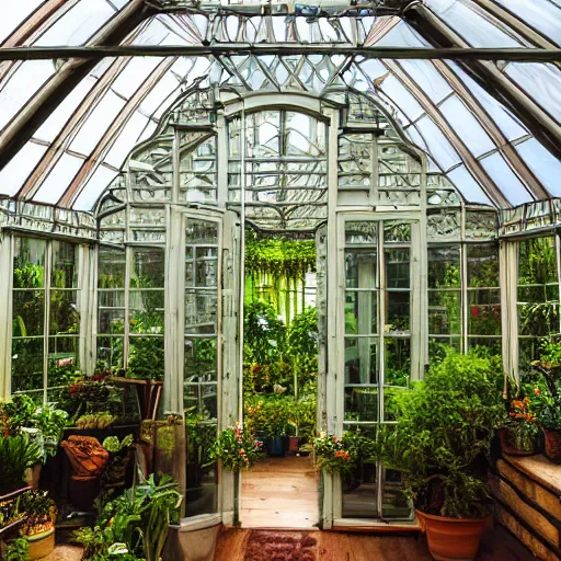 Image similar to a musical bedroom victorian greenhouse. The greenhouse is built into a giant oak tree, ornate, beautiful, atmosphere, vibe, volumetric, flowers, lighting,