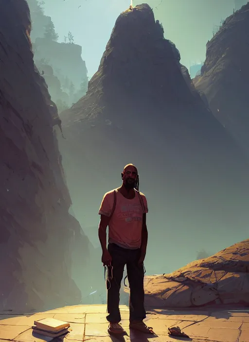 Prompt: Highly detailed full-body portrait of homeless The Rock, in GTA V, Stephen Bliss, unreal engine, fantasy art by Greg Rutkowski, Loish, Rhads, Makoto Shinkai and Lois van baarle, ilya kuvshinov, rossdraws, Tom Bagshaw, global illumination, radiant light, detailed and intricate environment