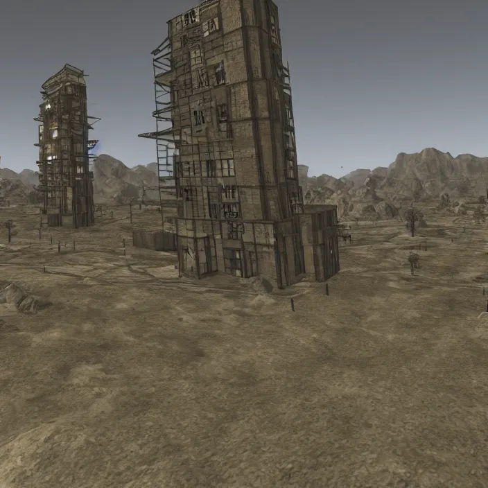 Image similar to a building in a serene landscape, fallout new vegas