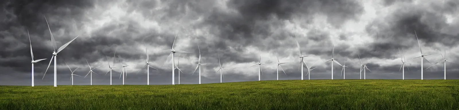 Image similar to Stormy sky with the lightings in the clouds, blueshift render, just 1 wind turbine in the background, depth of field, pipes and vaults on the ground, photorealistic, photo lense, focus, Full HD, 1128x191 resolution