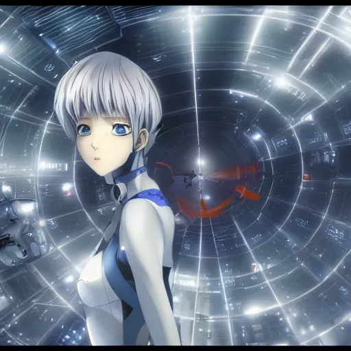 Image similar to This is a digital art piece by Yoshiyuki Sadamoto that is trending on artstation. It is a 8K UHD image of Rei Ayanami, a female anime character, inside a space station with technological rings. She is shot from the ground by Yoshiyuki Sadamoto. The environment is a concept design and the art is hyper realistic with intricate details.