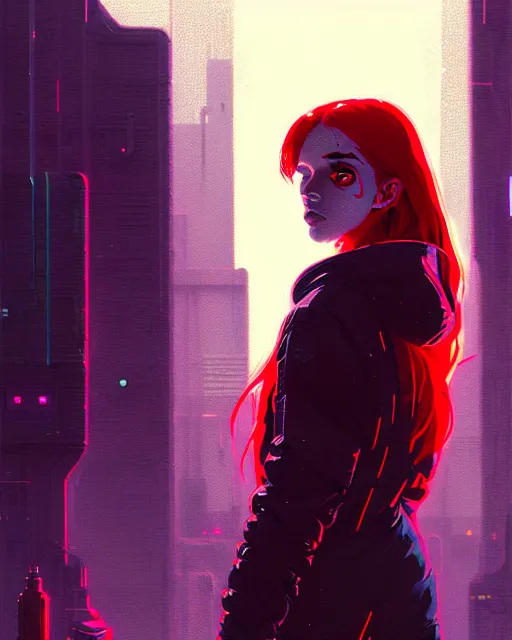 Image similar to cyberpunk synth, hyper - realistic portrait of a girl in a hoodie, red long wavey hair, cinematic, by atey ghailan, by greg rutkowski, by greg tocchini, by james gilleard, by joe fenton, by kaethe butcher, 8 k, very intricate, dynamic lighting, lighting color scheme, sharp focus, grunge aesthetic