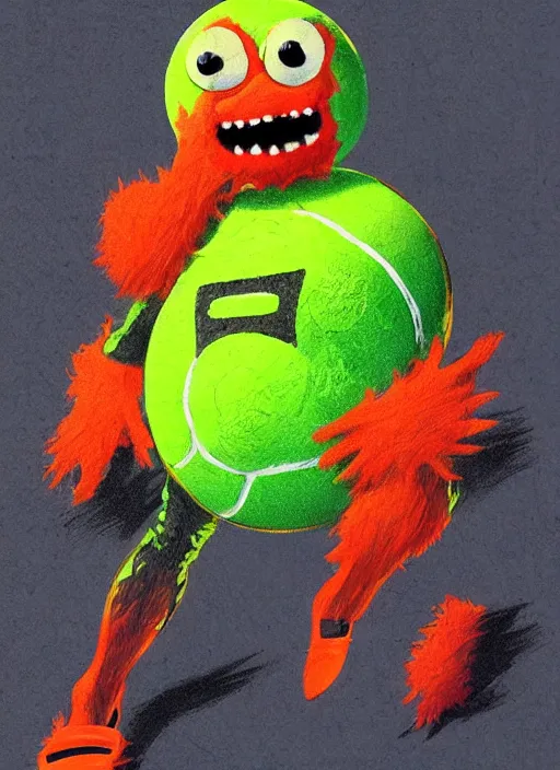 Image similar to tennis ball monsters playing tennis, a tennis ball monster ,tennis ball, epic, digital art, fantasy, magic, trending on artstation, ultra detailed, professional illustration,chalk, poster artwork by Basil Gogos , clean