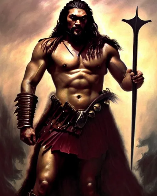 Prompt: beautiful portrait oil painting, jason momoa conan the barbarian standing in a dungeon wearing a crown and royal crimson spartan armor enthroned as the god emperor of ancient rome, action pose, frank frazetta, boris vallejo, greg rutkowski, beautiful cinematic light, american romanticism, by thomas lawrence, greg rutkowski