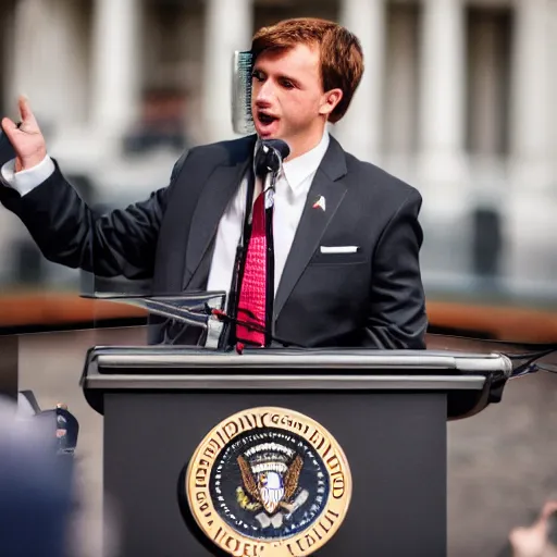 Image similar to a fox animal dressed in a suit giving a presidential speech, 8 5 mm f / 1. 4