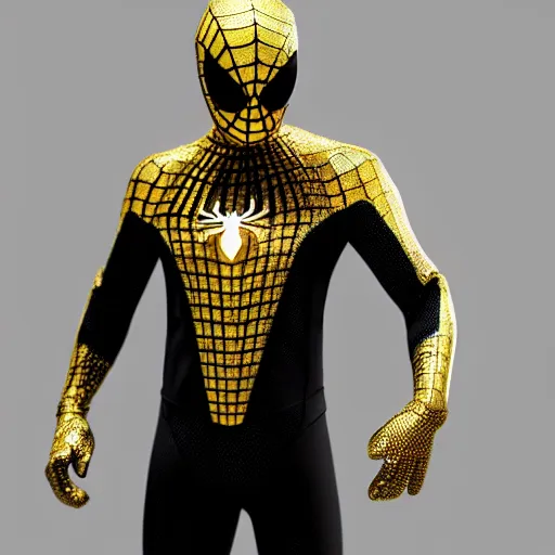 Image similar to gold spider - man suit with black web lining, cinematic, volumetric lighting, realistic, hyperdetailed, photorealistic, photograph