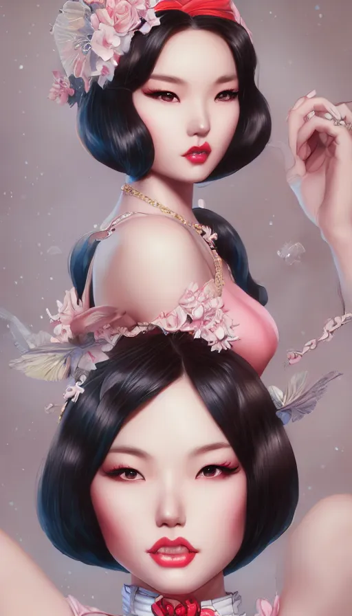 Image similar to a pin up and beautiful fashion and charming and dreamlke asian girl, lv jewelry, art by artgerm & jeehyung lee & wlop, hyperdetailed, 8 k realistic, symmetrical, frostbite 3 engine, cryengine, dof, trending on artstation, digital art