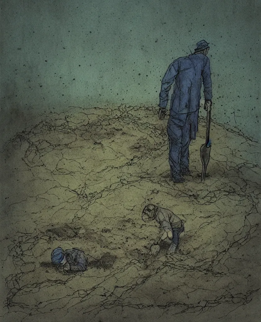 Image similar to a man with a shovel standing digging up a grave with a dead body in it, subtle blue, orange, and dark green tones, high quality, high detail, dark colors, sinister atmosphere, dramatic lighting, cinematic, establishing shot, extremely high detail, photo realistic, cinematic lighting, pen and ink, intricate line drawings, by Yoshitaka Amano, Ruan Jia, Kentaro Miura, Artgerm, post processed, concept art, artstation, matte painting, style by eddie mendoza, raphael lacoste, alex ross