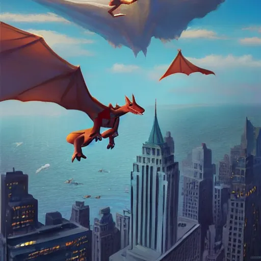 Prompt: charizard flying above new york, beautiful, serene colors, lake background, complimentary contrast, dramatic lighting, masterpiece, high contrast, painted by stanley lau, painted by greg rutkowski, painted by stanley artgerm, digital art, trending on artstation