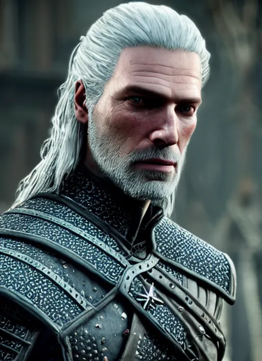 Image similar to film still of tilda swinton as geralt in the witcher 3, gameplay, 8 k, hd