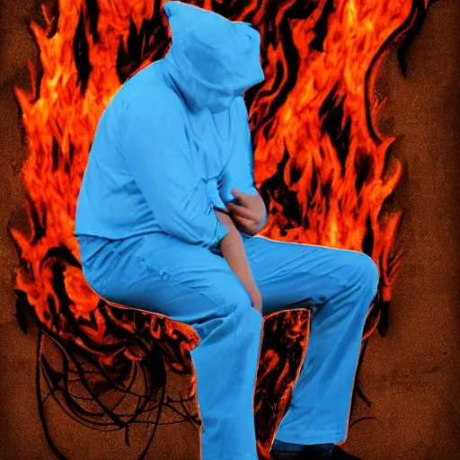 Prompt: a man wearing pants that are on fire, digital art