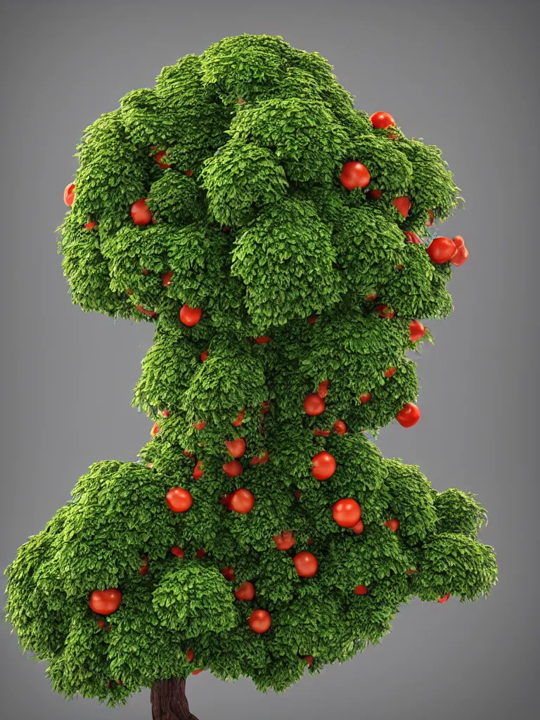 Prompt: highly detailed 3 d render of a mythical tree with sparse leaves of tomatoes and mozzarella balls and basil leaves, hyper realistic octane render, cinematic lighting, deviantart, lowbrow, surrealism, pixar still