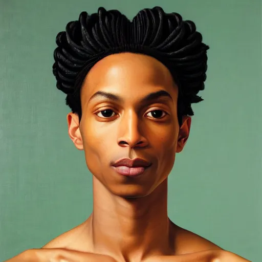 Image similar to A portrait of a skinny trendy and enchanting non-binary person, light skin tone, Indian, oil painting by Kehinde Wiley, majestic, detailed, high resolution