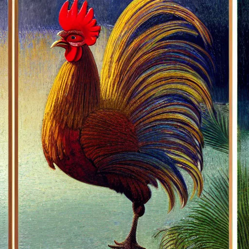 Image similar to a ultradetailed beautiful painting of a rooster in the amazonas palace balustrade designed by jules bastien - lepage, hans belmer, frank weston and gustave baumann, beach, trending on artstation, mediterranean, palm trees, refracted color sparkles, sharp focus, soft light, 8 k 4 k