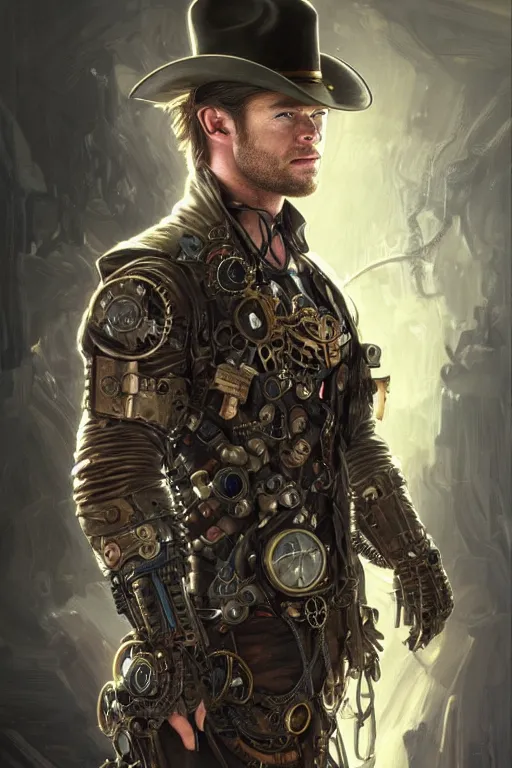 Image similar to chris hemsworth as a steampunk cyborg, portrait, western, steampunk, duster, fantasy, intricate, elegant, highly detailed, digital painting, artstation, concept art, sharp focus, illustration, art by artgerm and greg rutkowski and alphonse mucha