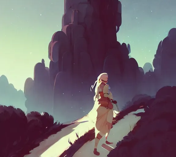 Image similar to painted woman adventurer on her journey, fantasy, by atey ghailan, by greg rutkowski, by greg tocchini, by james gilleard, by joe fenton, by kaethe butcher, hearthstone, art by artgerm dynamic lighting, gradient light blue, brown, blonde cream and white color scheme, grunge aesthetic