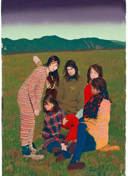 Image similar to composition by justine kurland, a portrait of a group of girls dressed in colorful sweaters in a scenic representation of mother nature and the meaning of life by billy childish, thick visible brush strokes, shadowy landscape painting in the background by beal gifford, vintage postcard illustration, minimalist cover art by mitchell hooks