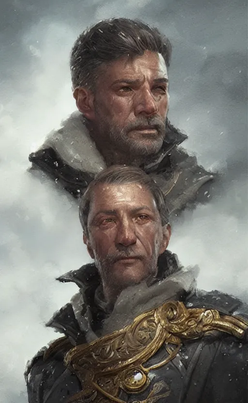 Prompt: Portrait of a middle-aged admiral, male, detailed face, fantasy, highly detailed, cinematic lighting, digital art painting by greg rutkowski