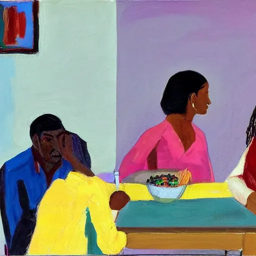 Prompt: The painting depicts two people, a man and a woman, sitting at a table. The man is looking at the woman with a facial expression that indicates he is interested in her. The woman is looking at the man with a facial expression that indicates she is not interested in him. There is a lamp on the table between them. by Emily Kame Kngwarreye, by Diego Dayer perspective