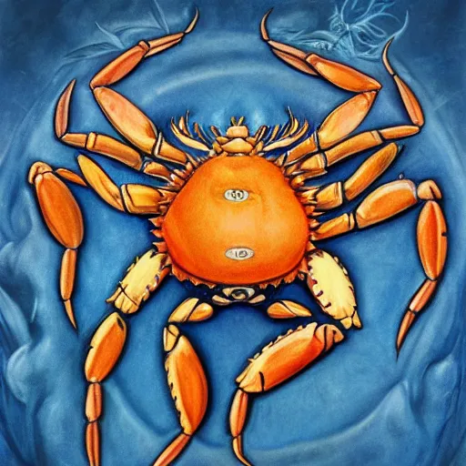 Image similar to detailed and sharp portrait of crab zodiac artwork, mystic style, detailed, 8 k, detailed, symmetrical, by brian froud