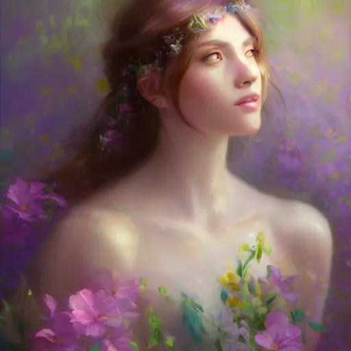 Prompt: beautiful woman, flowers, pastel colors, pearlescent, fantasy, featured on artstation, in the style of daniel gerhartz and krenz cushart, Alexis Franklin, Thomas River, WLOP, Artgerm