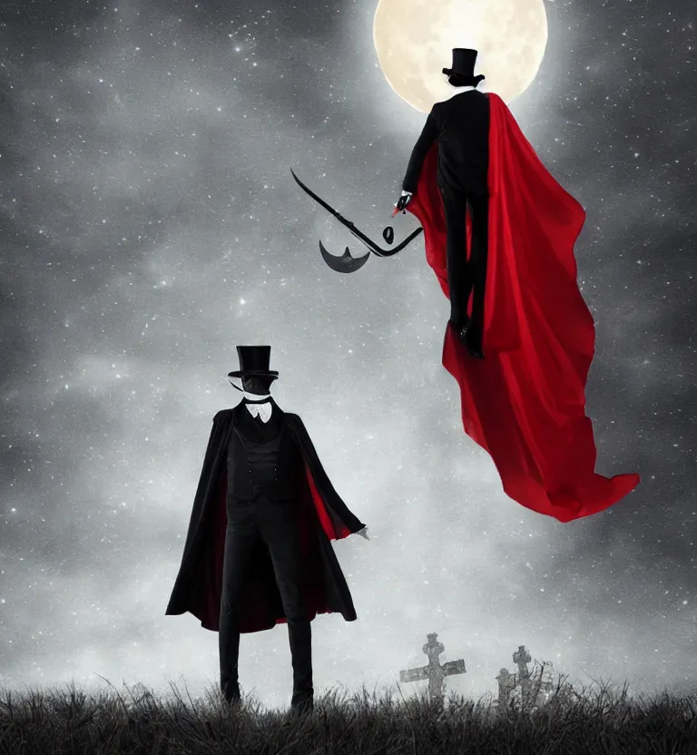 Prompt: a mysterious man in a cemetery on a full moon night wearing a top hat that hides!! his face and a beautiful black and red cape while holding a poseidon trident, digital art. digital painting, moonlight, detailed.
