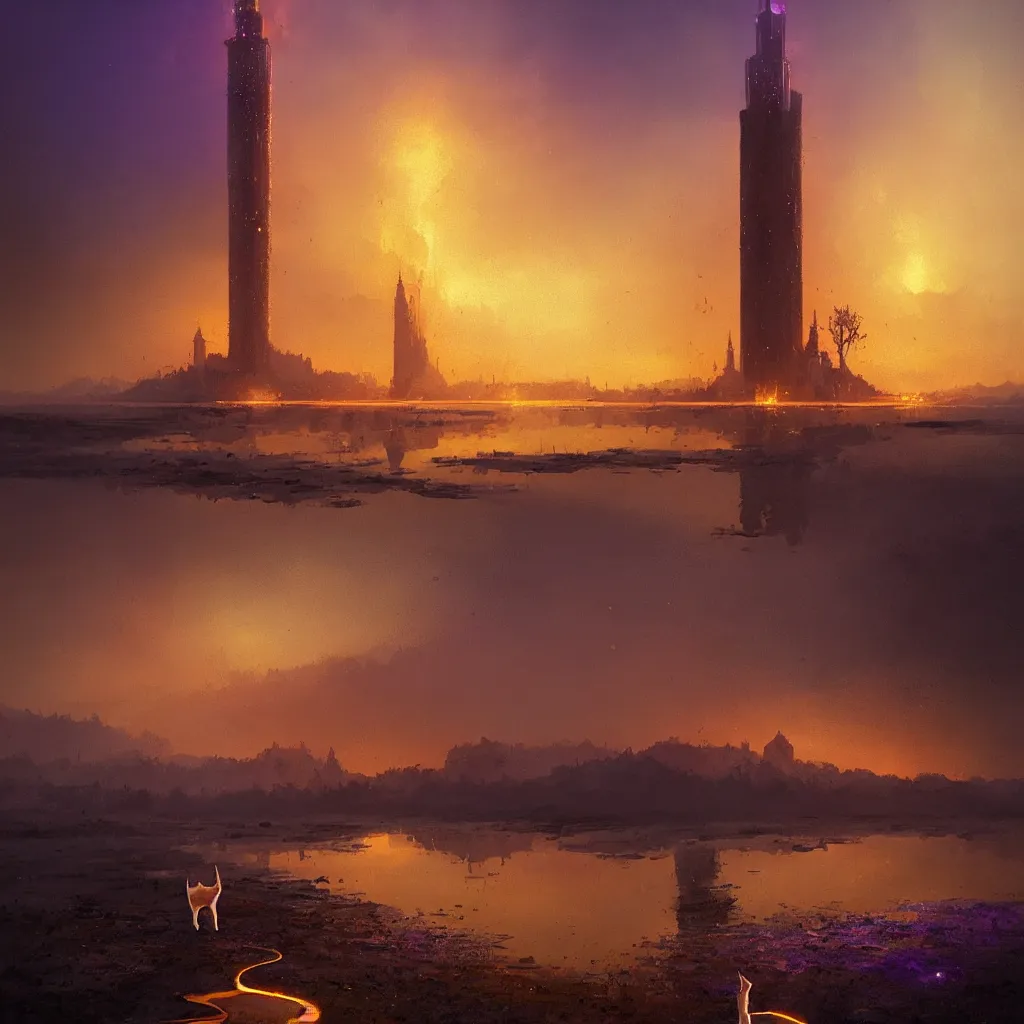 Image similar to lake filed with molten gold, volume lighting, cat on for ground and purple tower on back ground concept art, by greg rutkowski