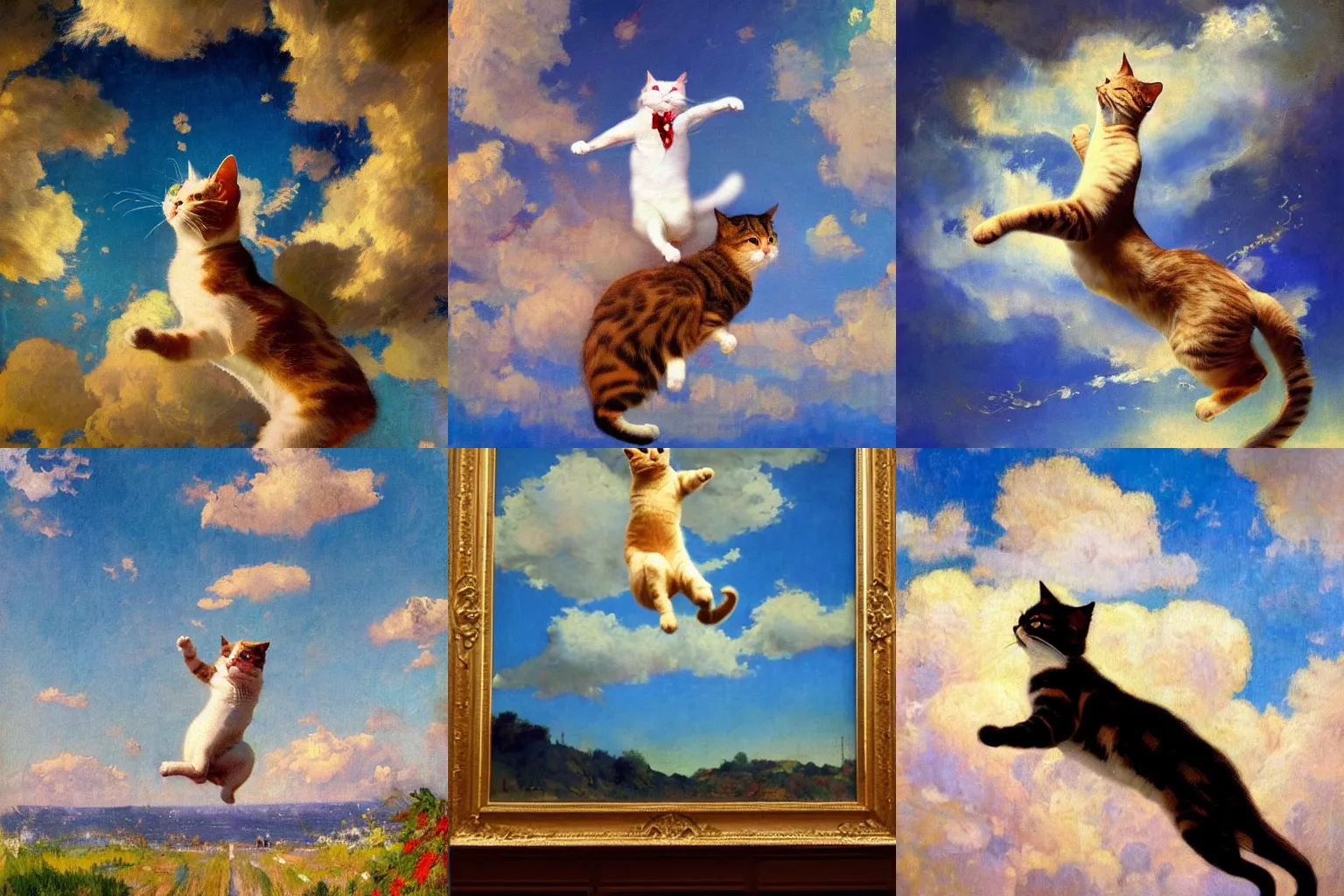 Prompt: An impressionist painting of a jumping cat under the sky, by (Ross Tran, Norman Rockwell, Leonardo da Vinci). This impressionist painting won awards, beautiful clouds, whole cat body, strong facial features, Trending on Artstation