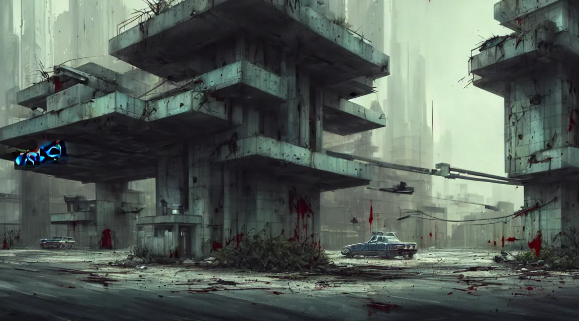 Image similar to post apocalyptic police station, building, avenue, extremely detailed, sharp focus, modern architecture, contemporary architecture, americana architecture, concrete architecture, tar roads, by pascal blanche, greg rutkowski, shaddy safadi, neil blevins, trending on artstation, high quality, photorealistic, wild vegetation, blood stains on walls, 4 k resolution blade runner