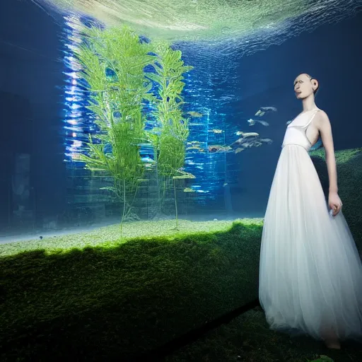 Image similar to photo by monia merlo, a woman wearing a giant inflated clear plastic dress containing an aquarium, backlit, 4 d, 4 k, volumetric lighting, photorealistic, light ray, hyperdetailed