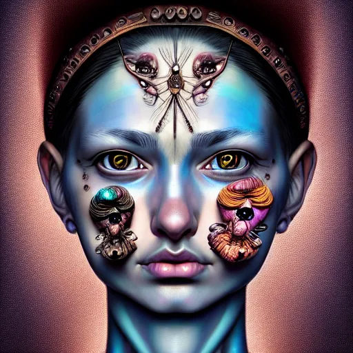 Image similar to Colour Caravaggio style Photography of Beautiful woman with highly detailed 1000 years old face wearing highly detailed sci-fi piercing designed by Josan Gonzalez. Many details . In style of Josan Gonzalez and Mike Winkelmann andgreg rutkowski and alphonse muchaand and Caspar David Friedrich and Stephen Hickman and James Gurney and Hiromasa Ogura. volumetric natural light