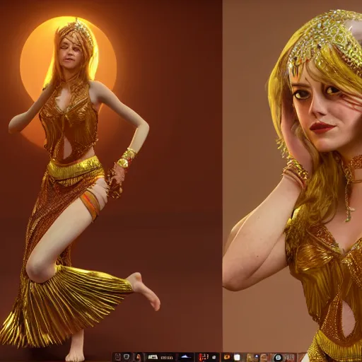 Image similar to full body portrait of emma stone, she is dressed as a belly dancer,, arabian night, in focus sharp face with fine details, a human hand in a video game, volumetric lightening, octane render, high quality, fully detailed, 4 k, alphonse mucha, masterpiece, stunning