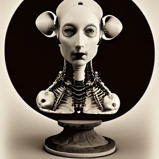 Prompt: black and white photographic foggy portrait, biomechanical beautiful young female priestess - robot bust, body ribs meshes,, volumetric light, rim light, by dora maar and cecile beaton, big gothic fashion pearl embroidered collar, 8 k