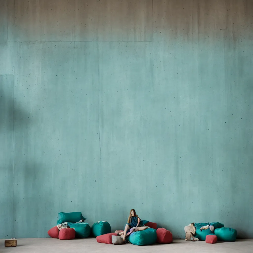 Image similar to kodak portra 4 0 0, 8 k, shot of a highly detailed, britt marling style, colour still - life portrait of a large minimalistic room, rough concrete walls, a single rough carved wooden teal, cannabis store with comfortable beanbags, muted colours